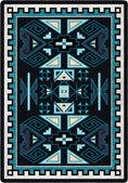 Load image into Gallery viewer, Rug with geometric pattern featuring blue, black, and white colors on a black background
