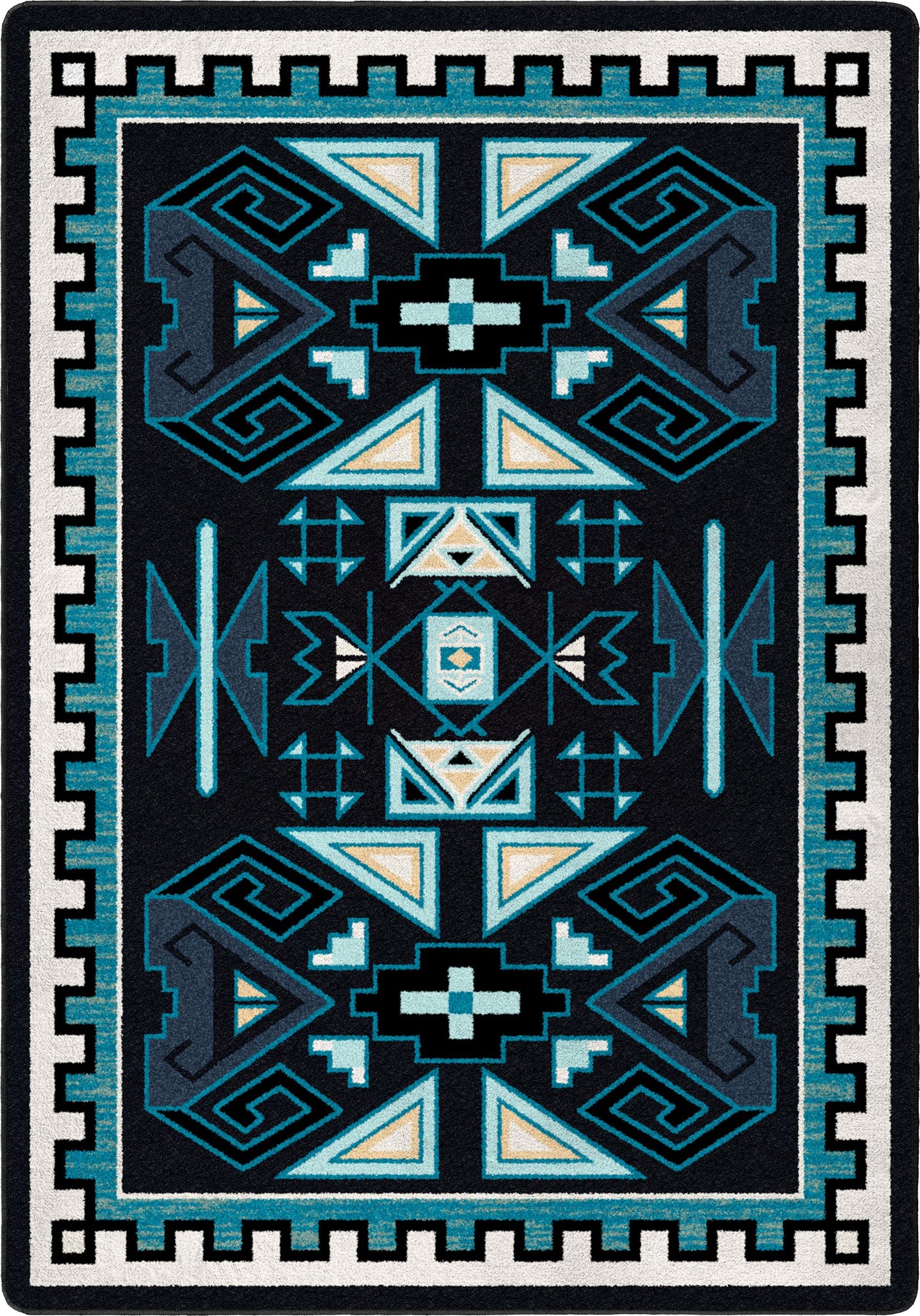 Rug with geometric pattern featuring blue, black, and white colors on a black background