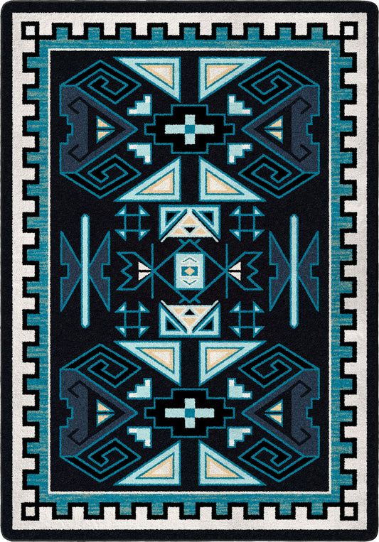 Rug with geometric pattern featuring blue, black, and white colors on a black background