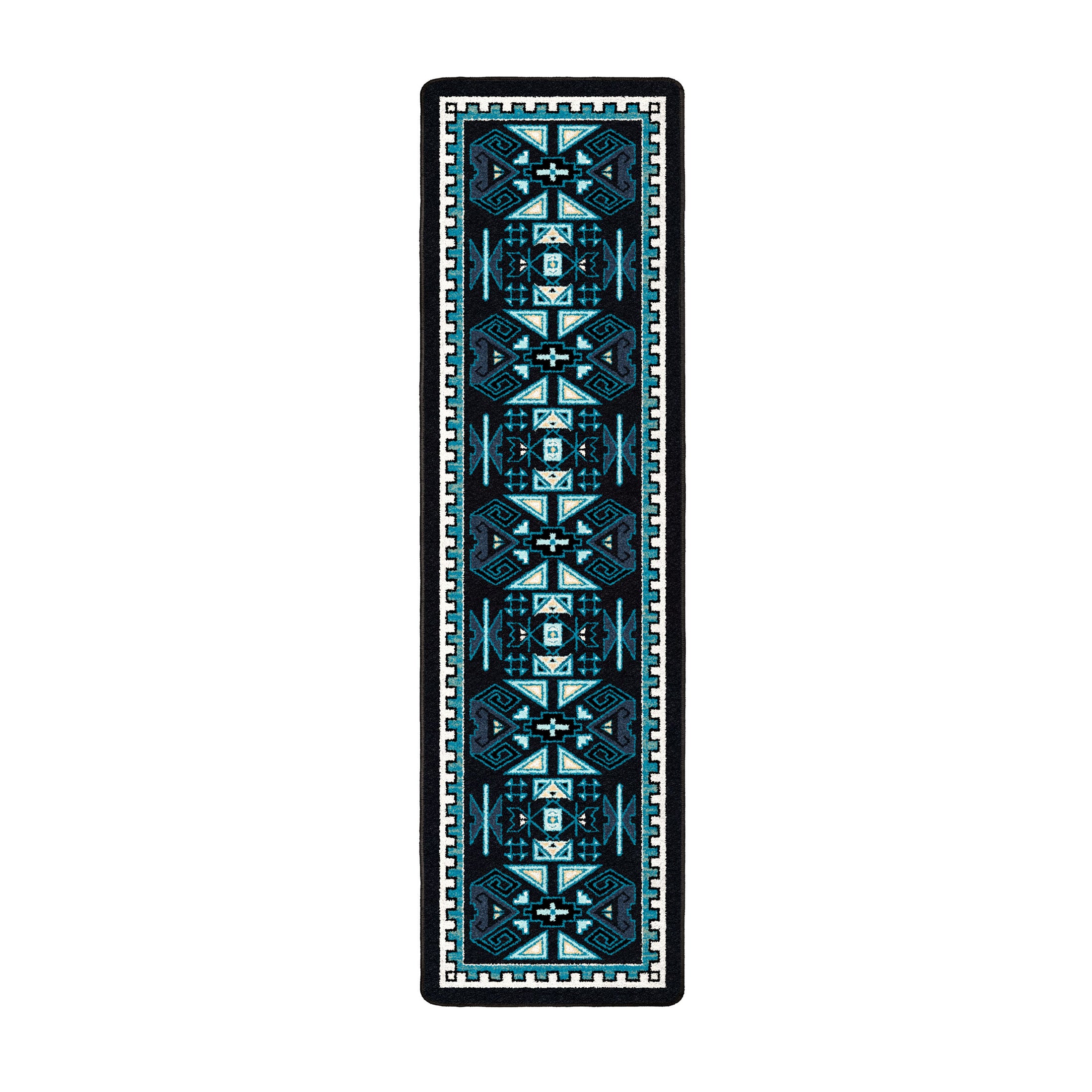 The Four Tides Rug 2x8 runner, with intricate oceanic patterns in deep blue, ideal for corridors, entryways, or narrow spaces.
