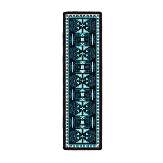 The Four Tides Rug 2x8 runner, with intricate oceanic patterns in deep blue, ideal for corridors, entryways, or narrow spaces.