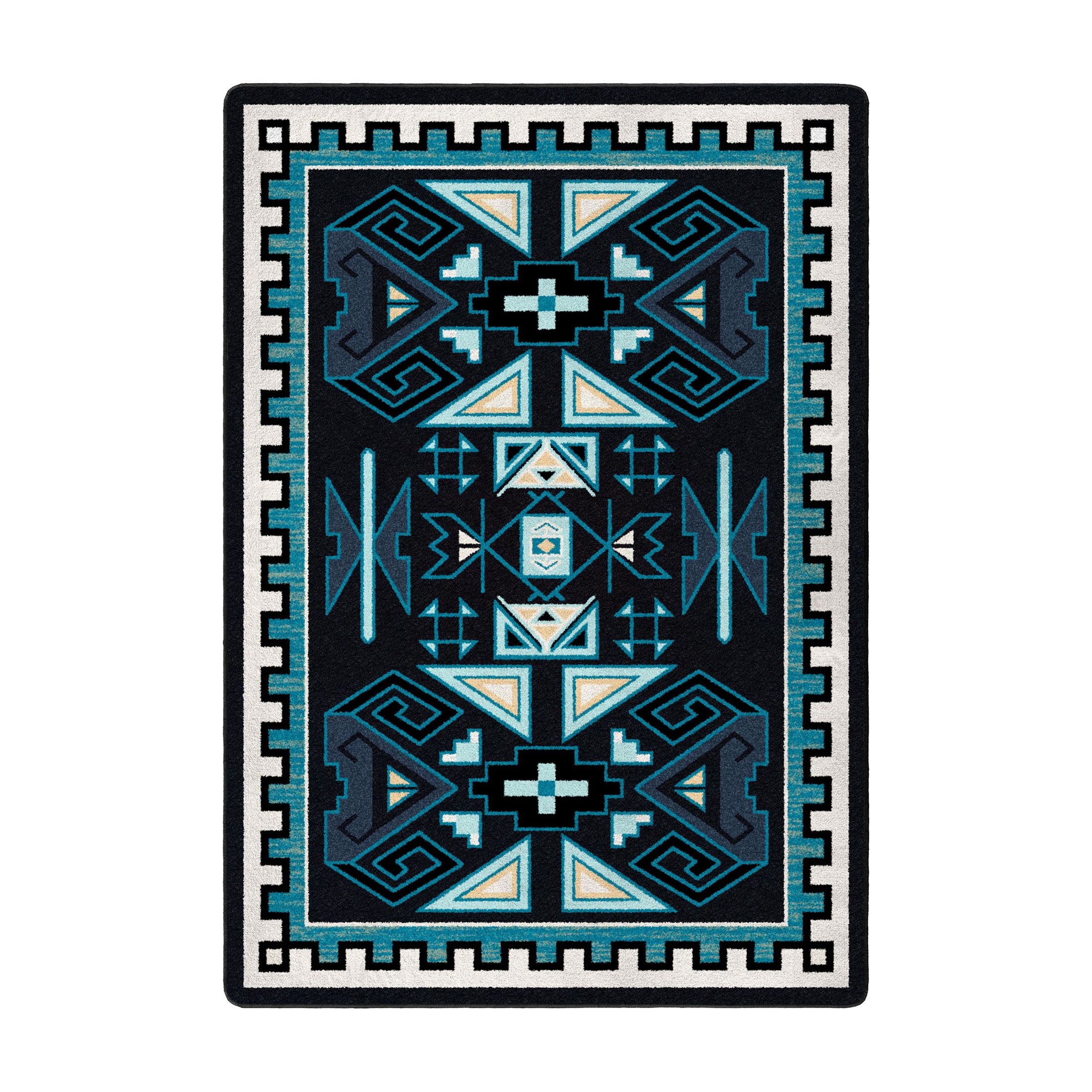 5x8 area rug with bold symmetrical geometric pattern in black, teal, ivory, and gold, inspired by oceanic forces and magical runes

