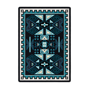 5x8 area rug with bold symmetrical geometric pattern in black, teal, ivory, and gold, inspired by oceanic forces and magical runes

