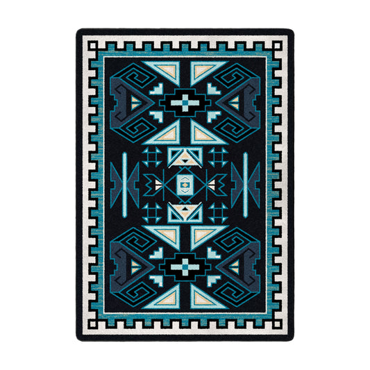 5x8 area rug with bold symmetrical geometric pattern in black, teal, ivory, and gold, inspired by oceanic forces and magical runes

