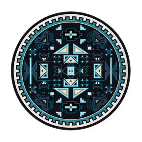 Close-up of The Four Tides Rug’s corner, highlighting intricate ocean-inspired patterns and the deep blue hues evoking the power of the tides.