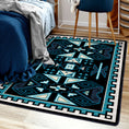 Load image into Gallery viewer, The Four Tides Rug in a bedroom, adding elegance and tranquility with its ocean-inspired patterns and deep blue hues.
