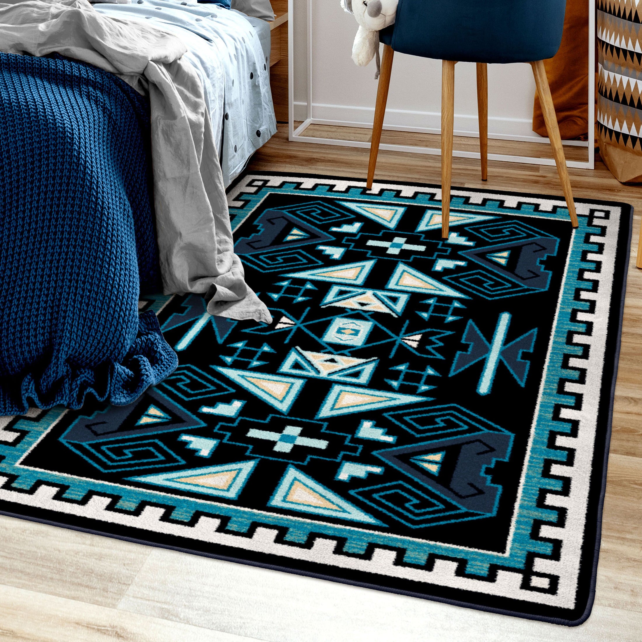 The Four Tides Rug in a bedroom, adding elegance and tranquility with its ocean-inspired patterns and deep blue hues.