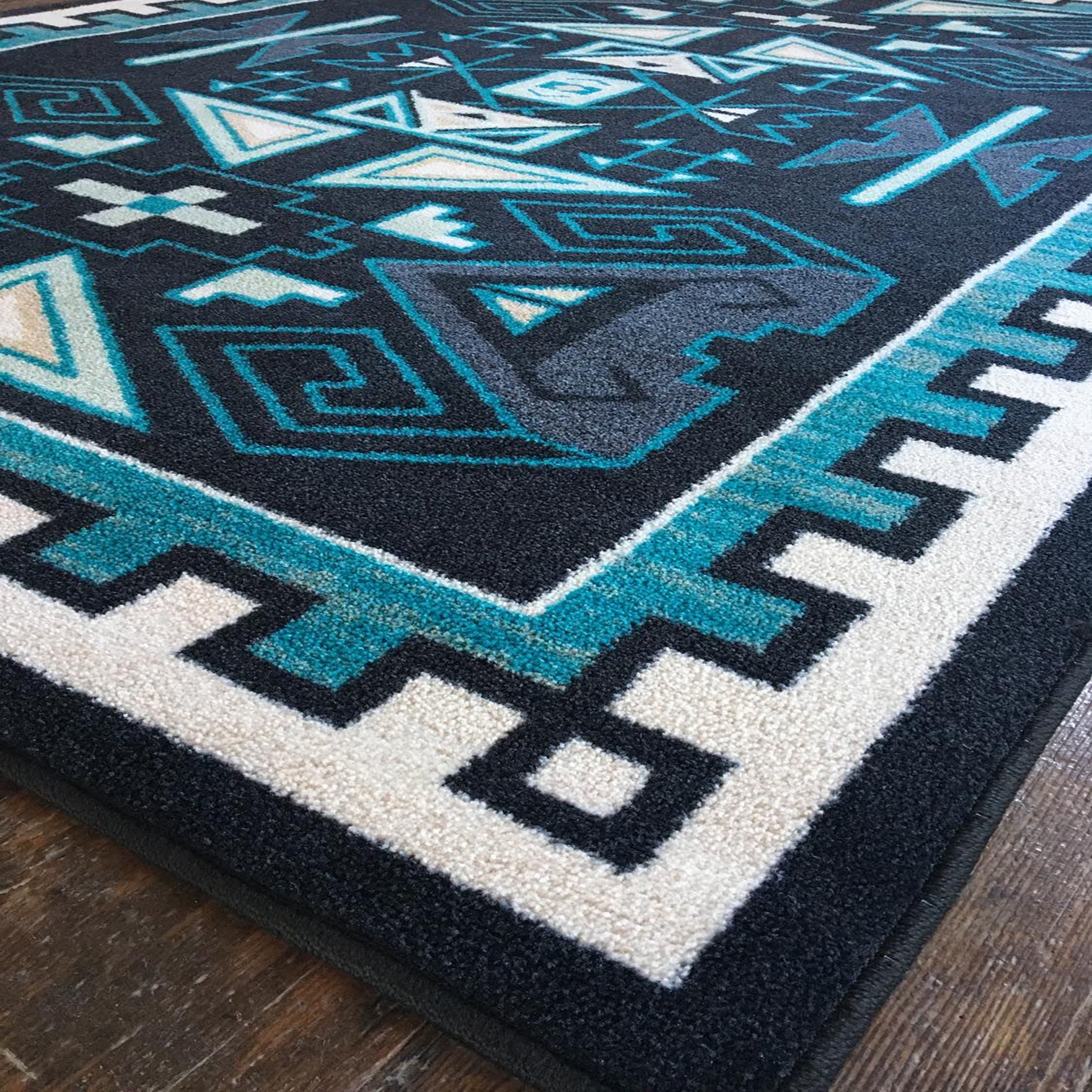 Close-up of The Four Tides Rug’s corner, highlighting intricate ocean-inspired patterns and the deep blue hues evoking the power of the tides.