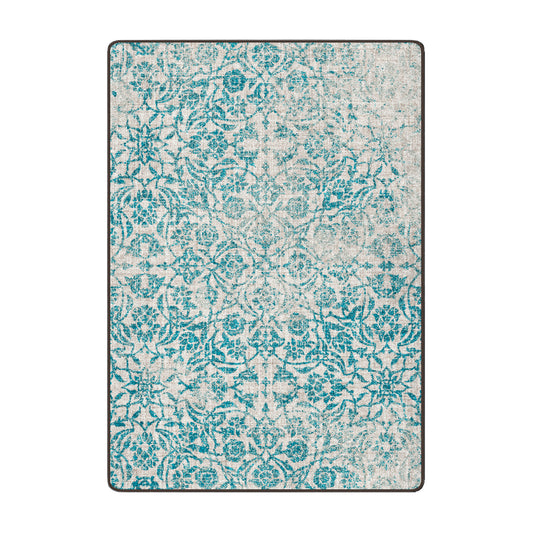 Frostlace Veil rectangular fantasy-themed rug with icy blue floral design for game rooms