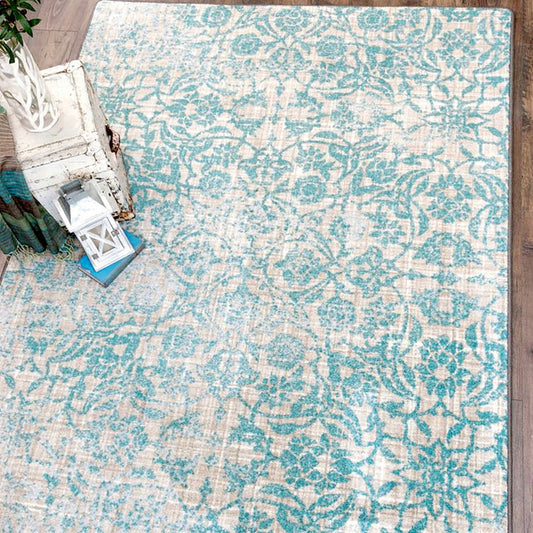 Frostlace Veil rug styled in cozy reading nook with lantern and fantasy-themed decor