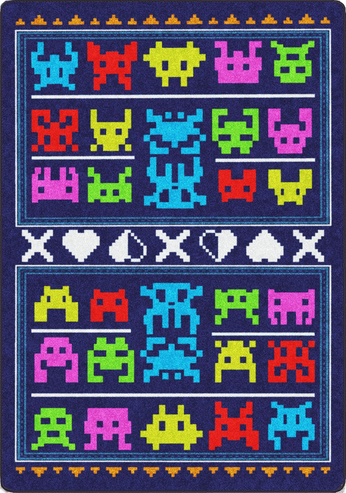 Colorful pixelated character design on a blue background rug for gaming bedroom streaming stations retro arcade man caves