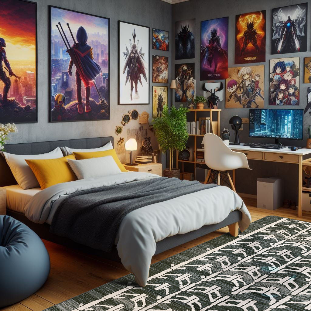 A dynamic gaming bedroom featuring bold designs and adventurous decor, showcasing rugs from the Gaming Bedroom collection. Transform your space into the ultimate gaming lair with pieces that capture the spirit of adventure and fantasy.