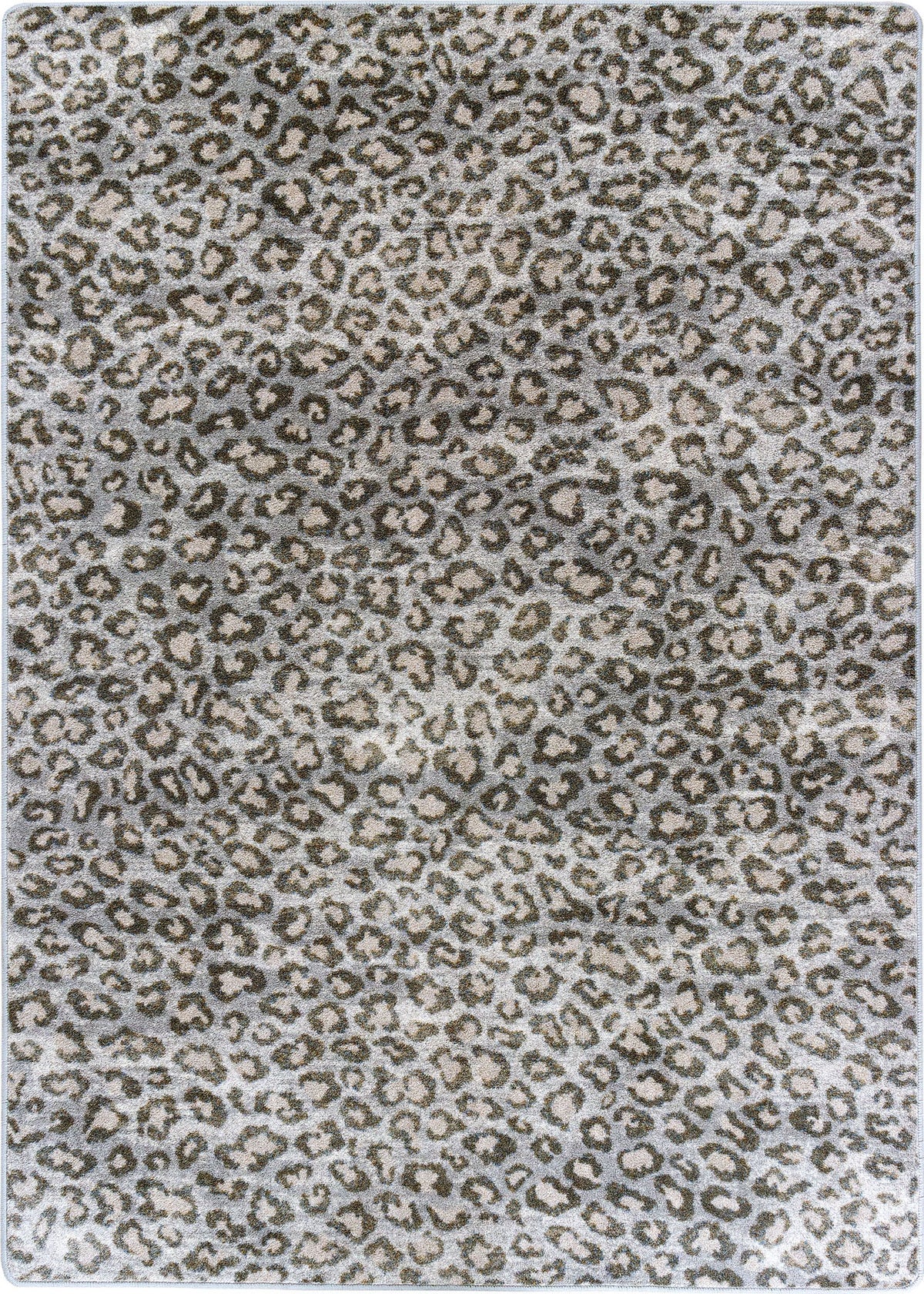 Leopard print rug with a pattern of brown and beige spots on a white background