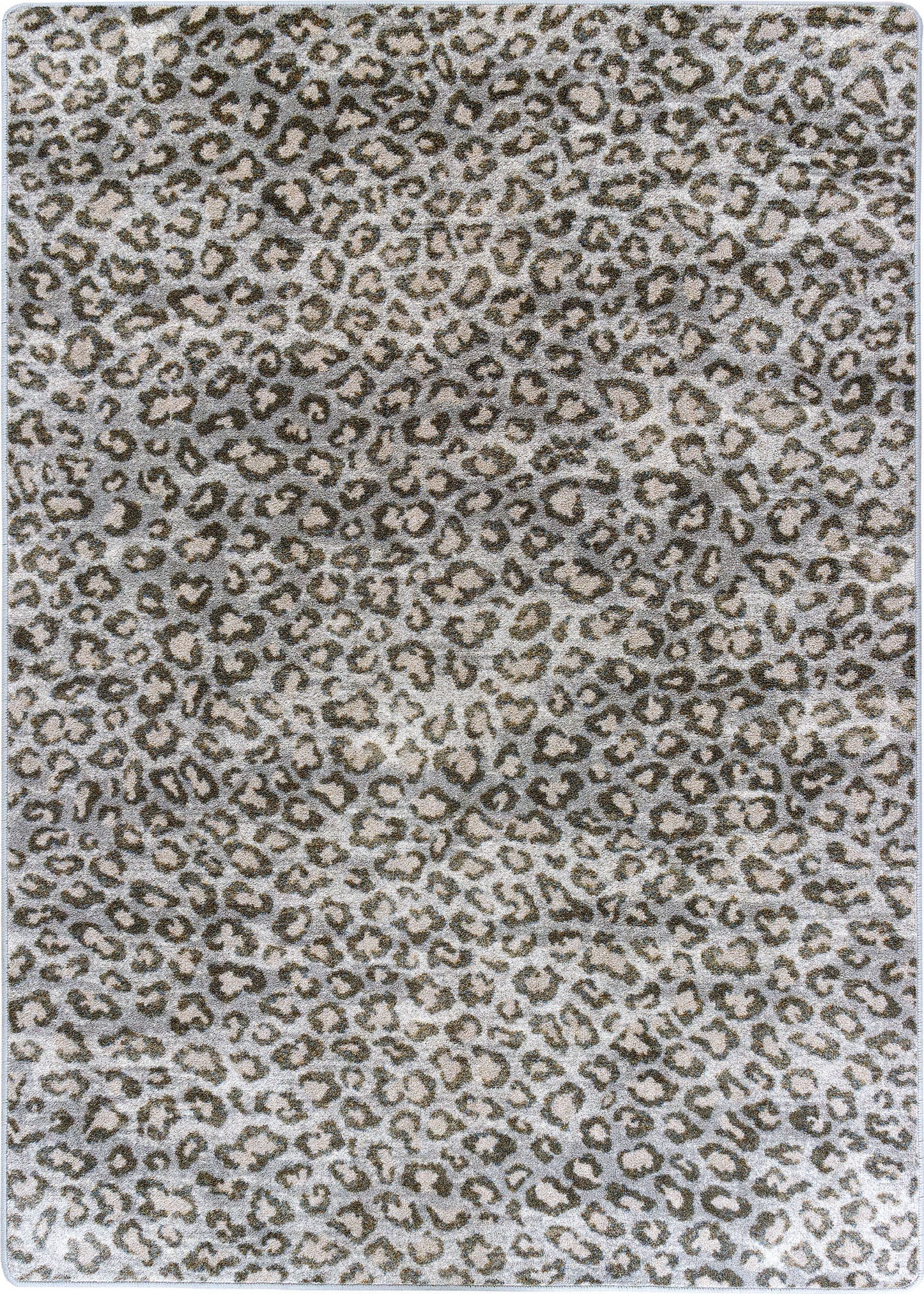 Leopard print rug with a pattern of brown and beige spots on a white background