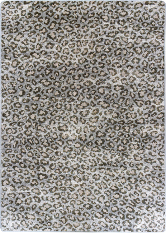 Leopard print rug with a pattern of brown and beige spots on a white background