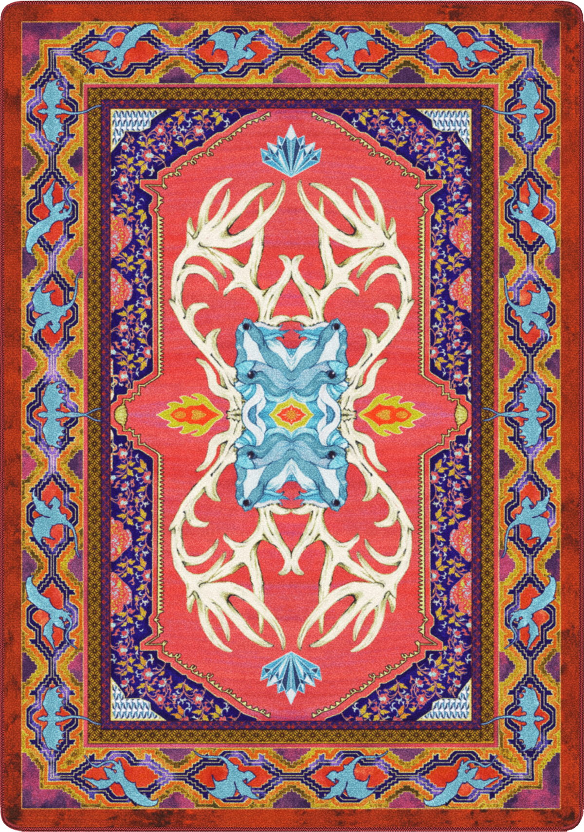 Decorative rug with a central deer head design and colorful border