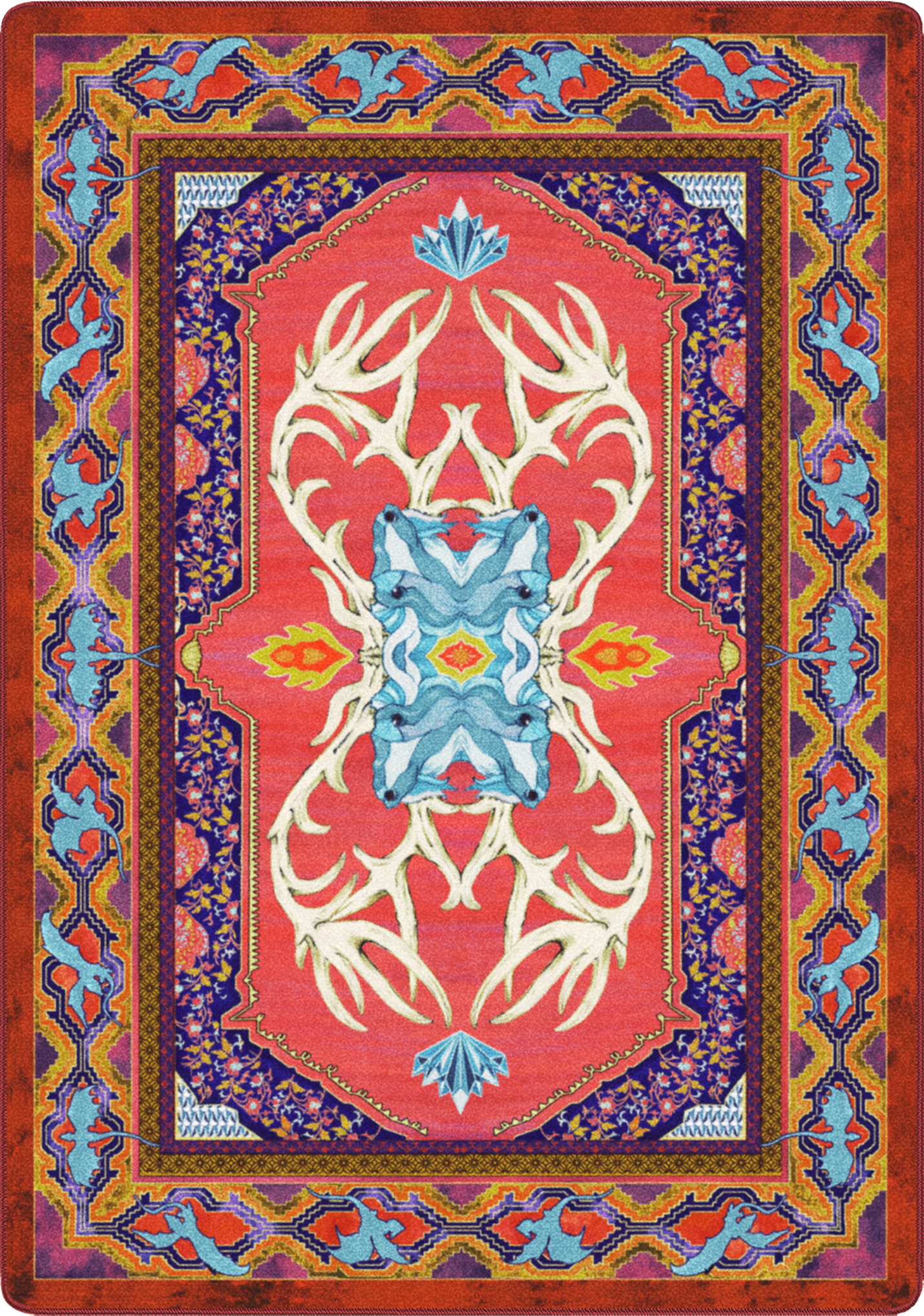 Decorative rug with a central deer head design and colorful border