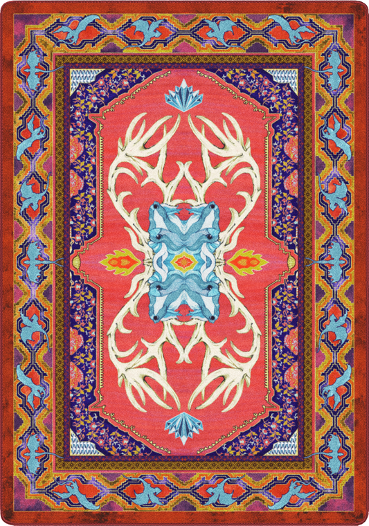 Decorative rug with a central deer head design and colorful border