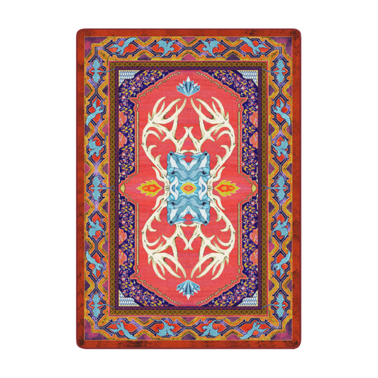 5x8 Glass Elk area rug with mirrored ivory antlers, vivid flame-red background, and sapphire stone motifs, inspired by mythical beasts and fantasy ceremonial banners

