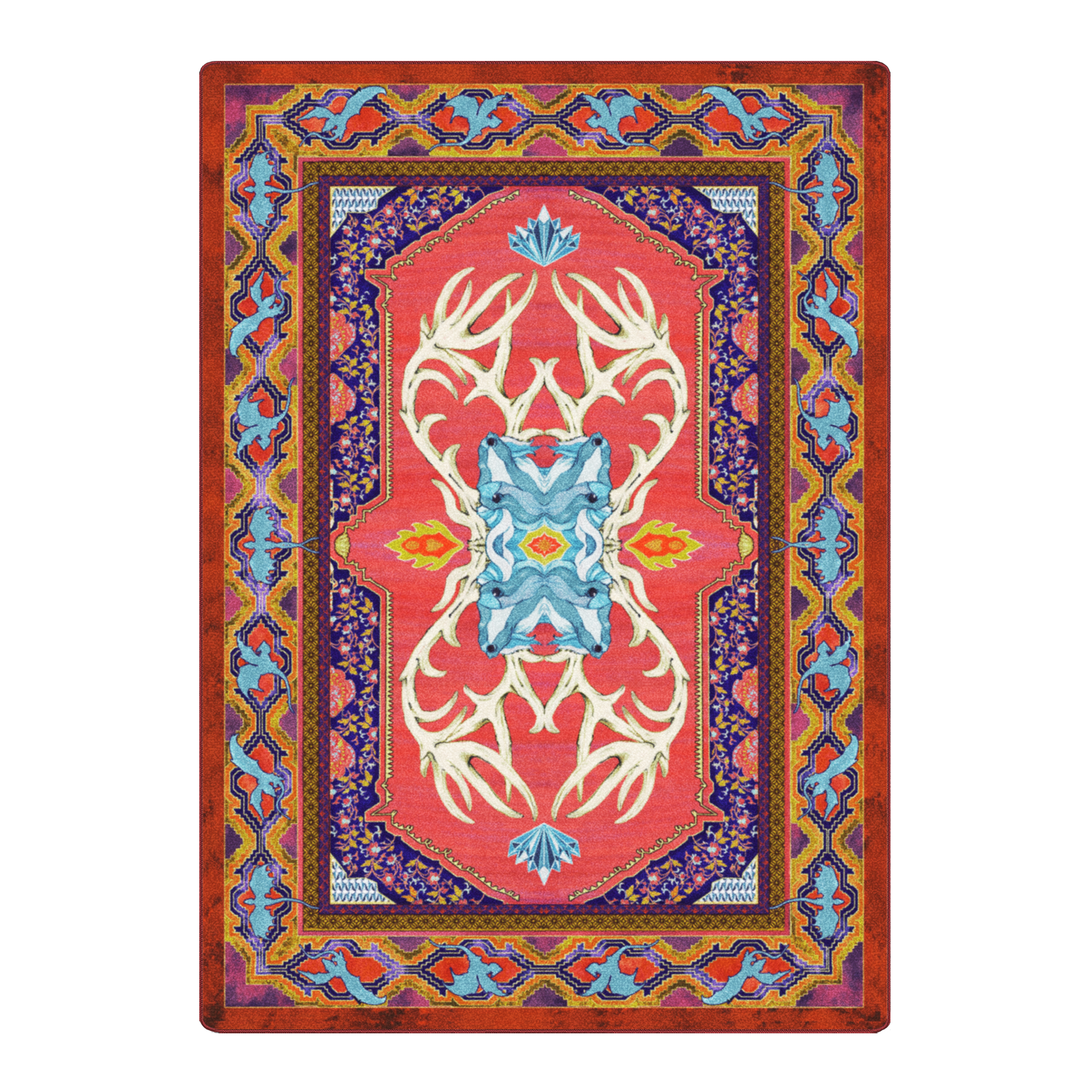 8x11 Glass Elk rug with mirrored ivory antlers, vivid gemstone accents, and wyverns circling a blazing red field