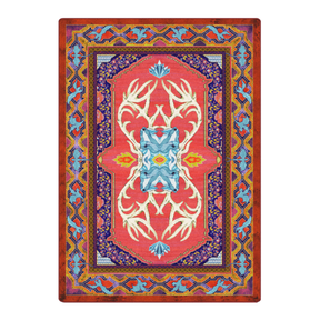 8x11 Glass Elk rug with mirrored ivory antlers, vivid gemstone accents, and wyverns circling a blazing red field