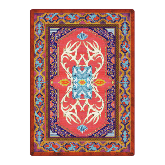 8x11 Glass Elk rug with mirrored ivory antlers, vivid gemstone accents, and wyverns circling a blazing red field