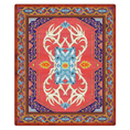 Load image into Gallery viewer, 11x13 oversized Glass Elk rug featuring mirrored antlers and wyvern border in a bold red, gold, and sapphire palette—ideal for large game rooms or ceremonial spaces


