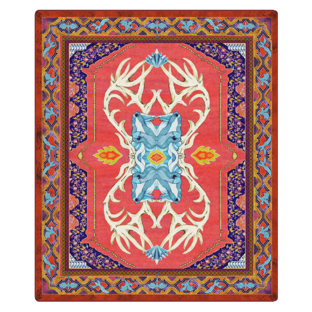 11x13 oversized Glass Elk rug featuring mirrored antlers and wyvern border in a bold red, gold, and sapphire palette—ideal for large game rooms or ceremonial spaces

