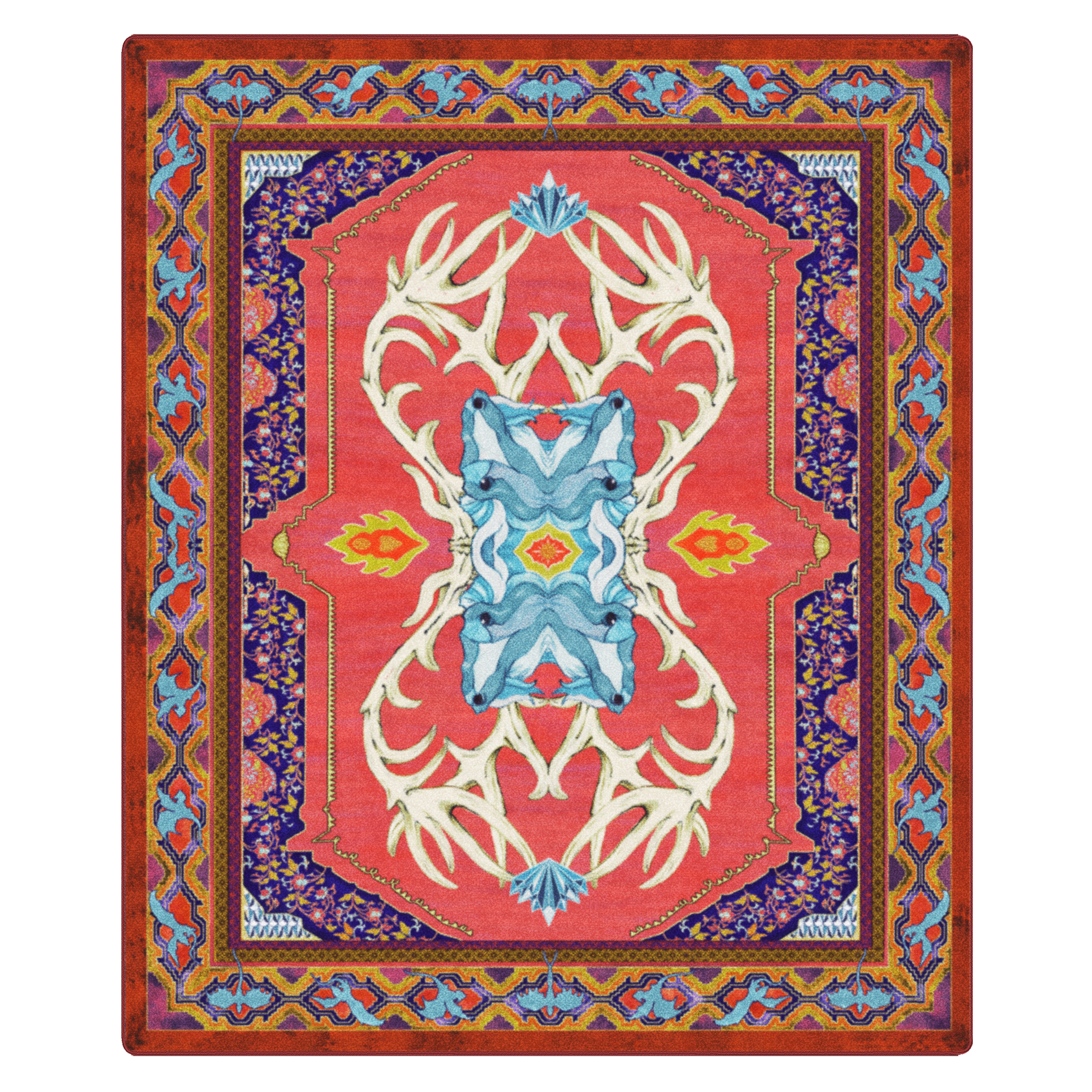 11x13 oversized Glass Elk rug featuring mirrored antlers and wyvern border in a bold red, gold, and sapphire palette—ideal for large game rooms or ceremonial spaces

