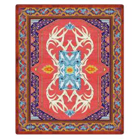 11x13 oversized Glass Elk rug featuring mirrored antlers and wyvern border in a bold red, gold, and sapphire palette—ideal for large game rooms or ceremonial spaces

