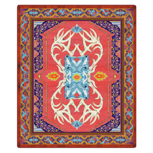 11x13 oversized Glass Elk rug featuring mirrored antlers and wyvern border in a bold red, gold, and sapphire palette—ideal for large game rooms or ceremonial spaces

