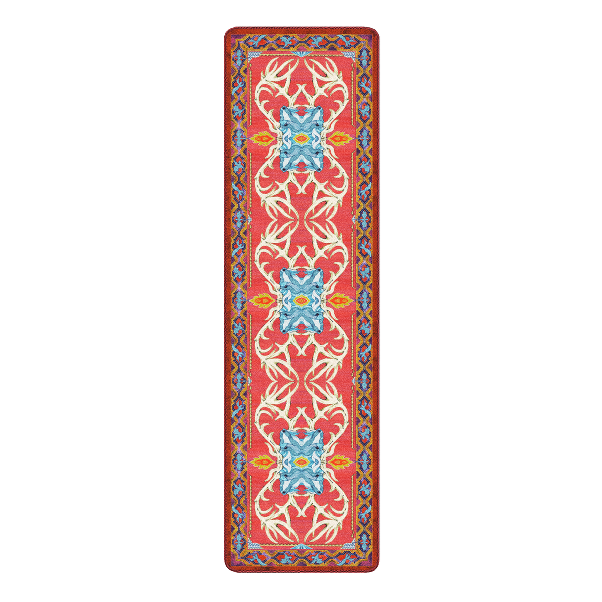 2x8 runner version of the Glass Elk rug with vertical antler symmetry and protective wyvern detailing along the border, great for hallways or entryways

