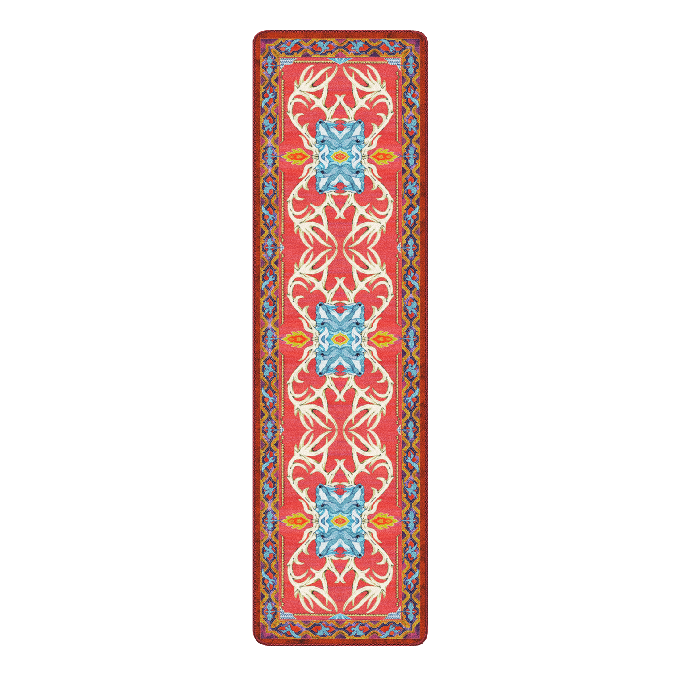 2x8 runner version of the Glass Elk rug with vertical antler symmetry and protective wyvern detailing along the border, great for hallways or entryways

