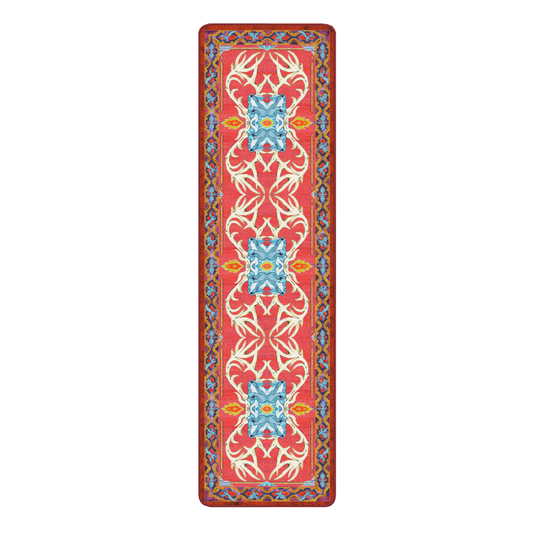 2x8 runner version of the Glass Elk rug with vertical antler symmetry and protective wyvern detailing along the border, great for hallways or entryways

