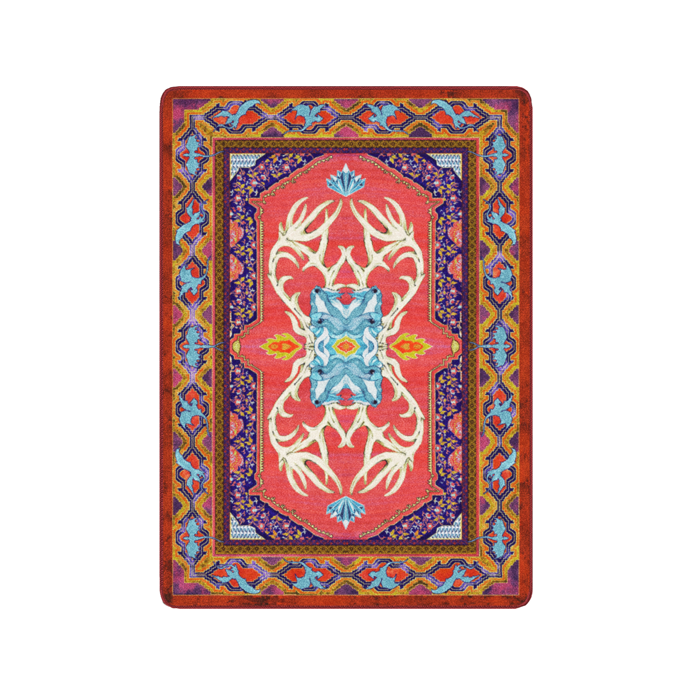 4x5 Glass Elk rug featuring vibrant flame-red tones, blue gem accents, and antlered creature motif surrounded by wyverns