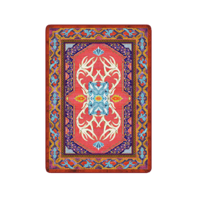 4x5 Glass Elk rug featuring vibrant flame-red tones, blue gem accents, and antlered creature motif surrounded by wyverns