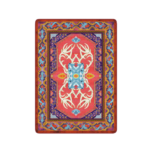 4x5 Glass Elk rug featuring vibrant flame-red tones, blue gem accents, and antlered creature motif surrounded by wyverns