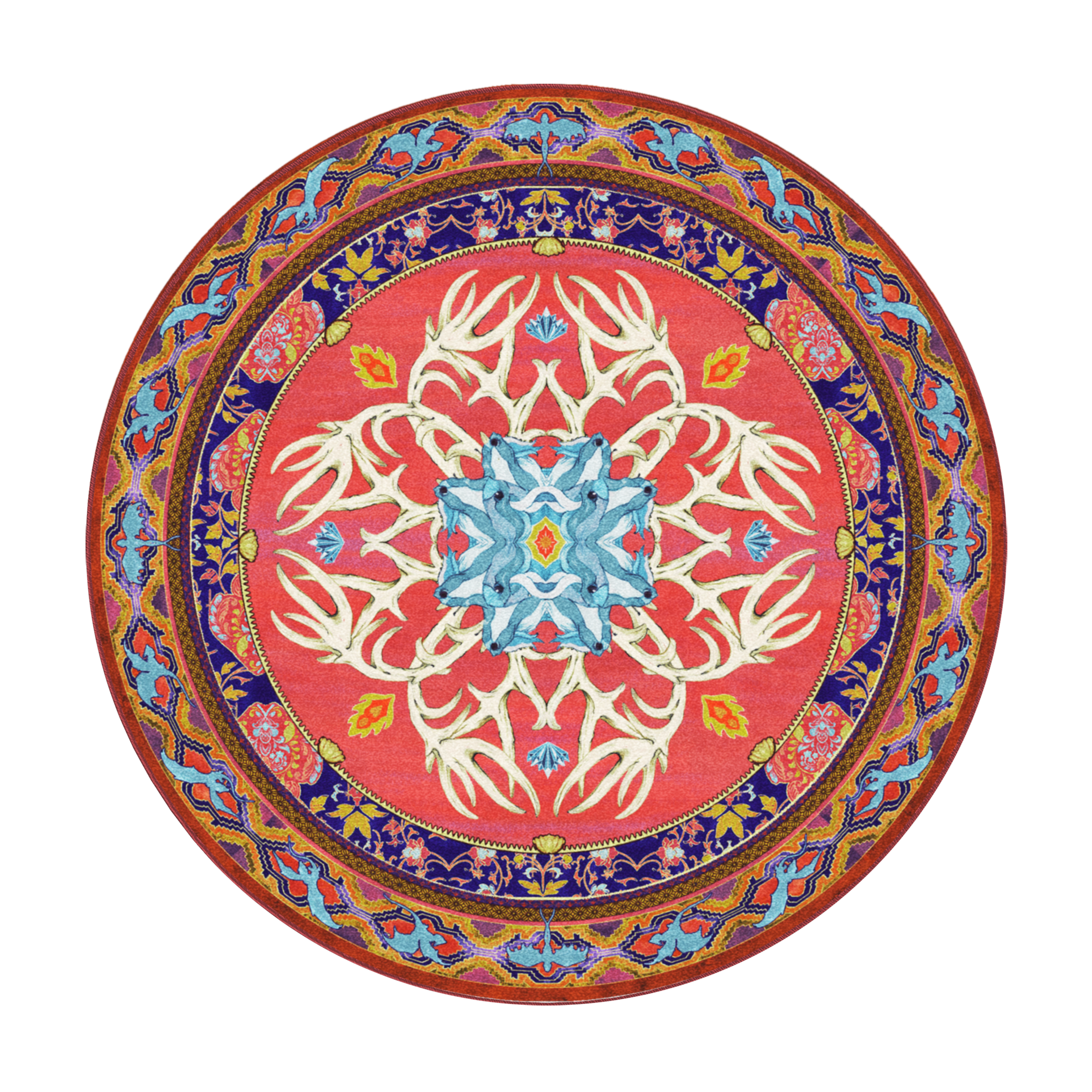 8x8 round Glass Elk  rug with central mirrored antler design and circular wyvern motif, perfect for anchoring fantasy-inspired rooms

