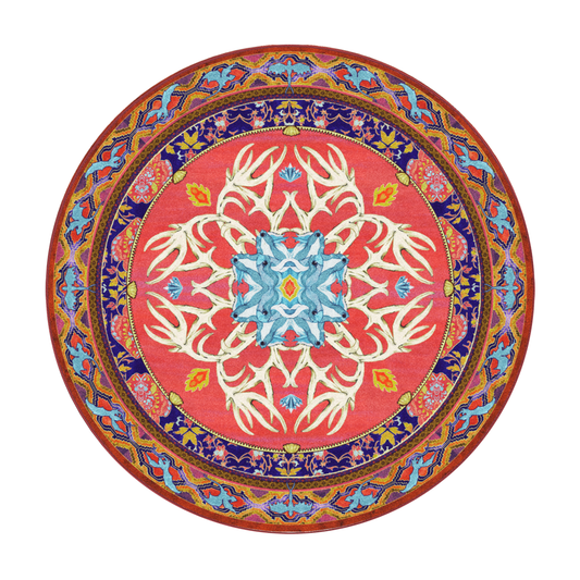 8x8 round Glass Elk  rug with central mirrored antler design and circular wyvern motif, perfect for anchoring fantasy-inspired rooms

