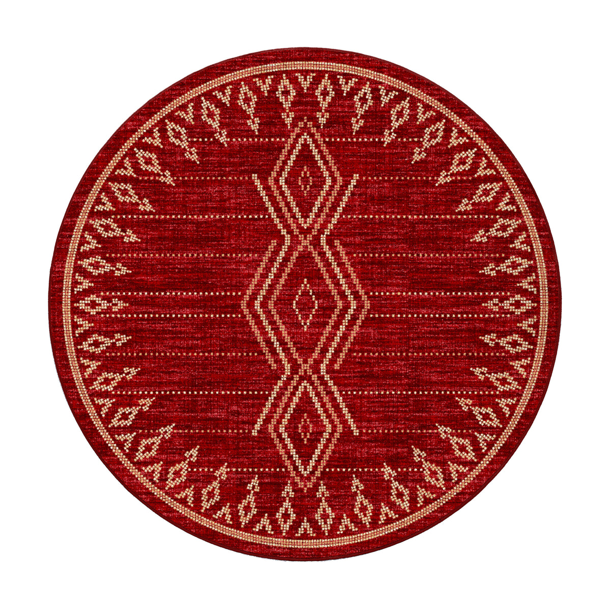 A round area rug with a deep red background and a cream-colored geometric tribal pattern, shown flat against a white background.