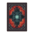 Load image into Gallery viewer, 5x8 Great Old One Rug for game room featuring an eldritch creature with teal tendrils and red eyes, set against a swirling red and black abyssal backdrop


