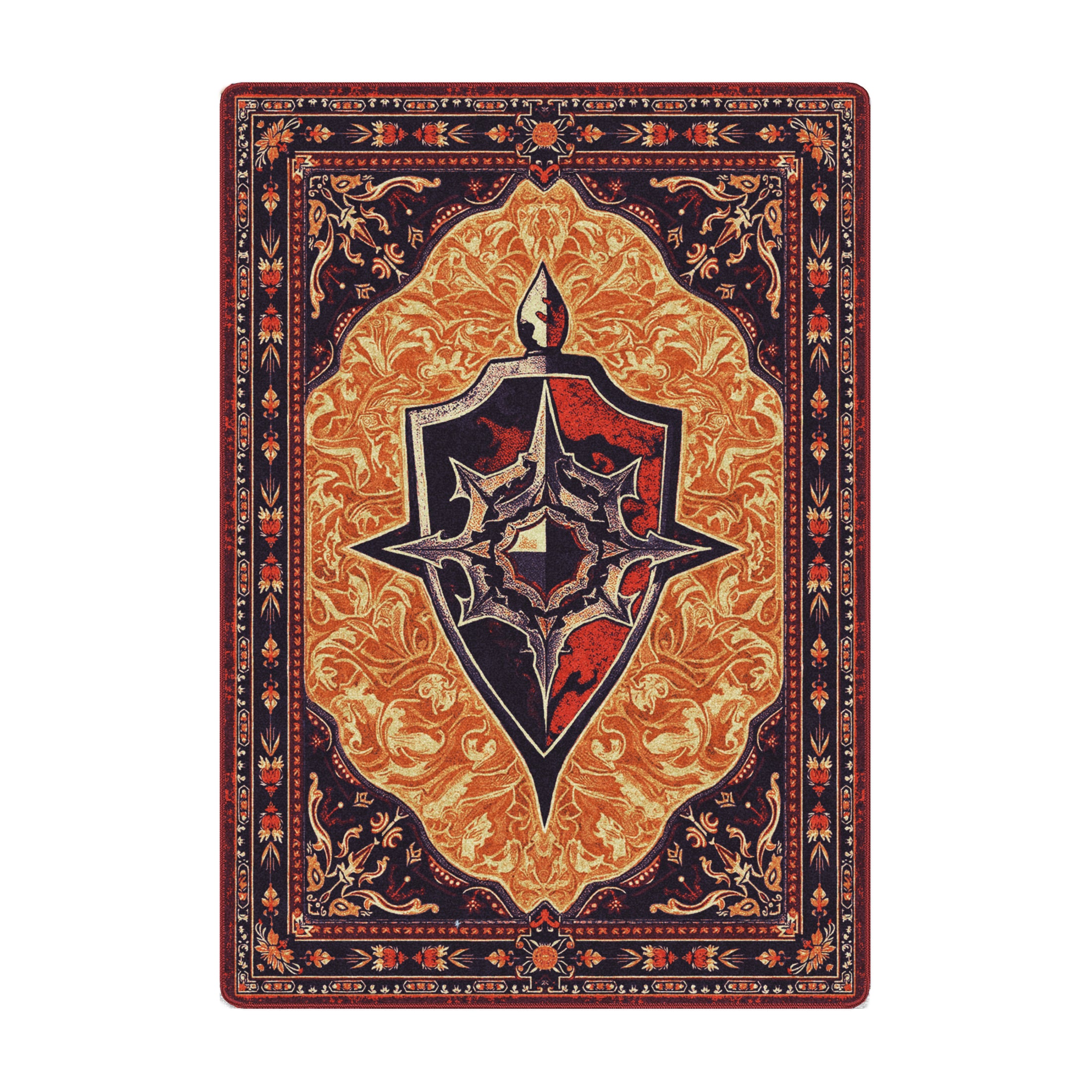 The Guardian Rug in 5x8 featuring a central flame-topped shield and intricate red-orange scrollwork