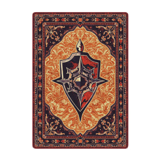 The Guardian Rug in 5x8 featuring a central flame-topped shield and intricate red-orange scrollwork