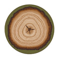 Load image into Gallery viewer, 6x6 round area rug designed to resemble a cross-section of a tree stump with concentric wood rings and a forest green border, inspired by druidic and woodland aesthetics


