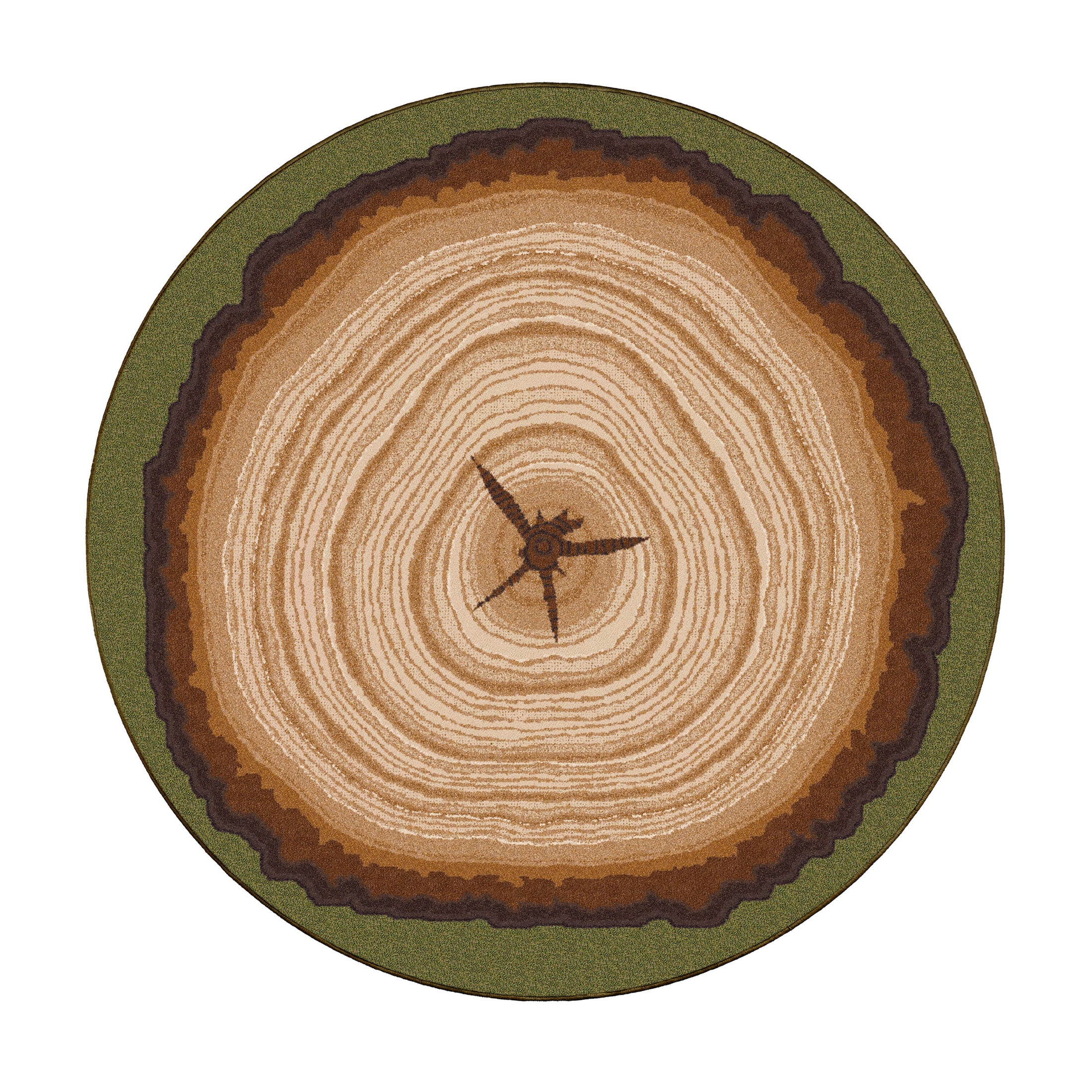 6x6 round area rug designed to resemble a cross-section of a tree stump with concentric wood rings and a forest green border, inspired by druidic and woodland aesthetics

