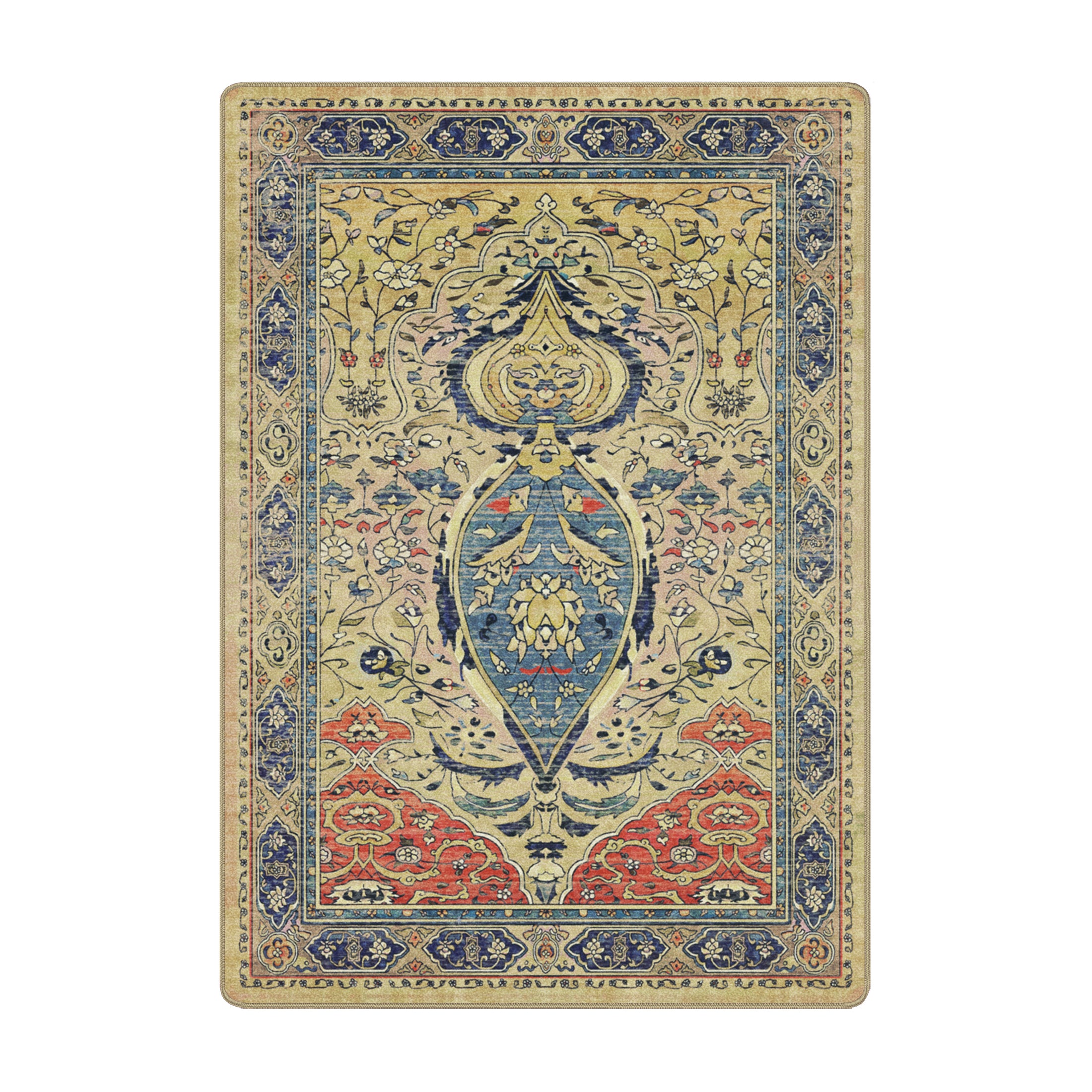 5x8 Ingenue Rug featuring a vintage Persian floral design in cream, dusty blue, blush, and soft coral with a weathered antique finish
