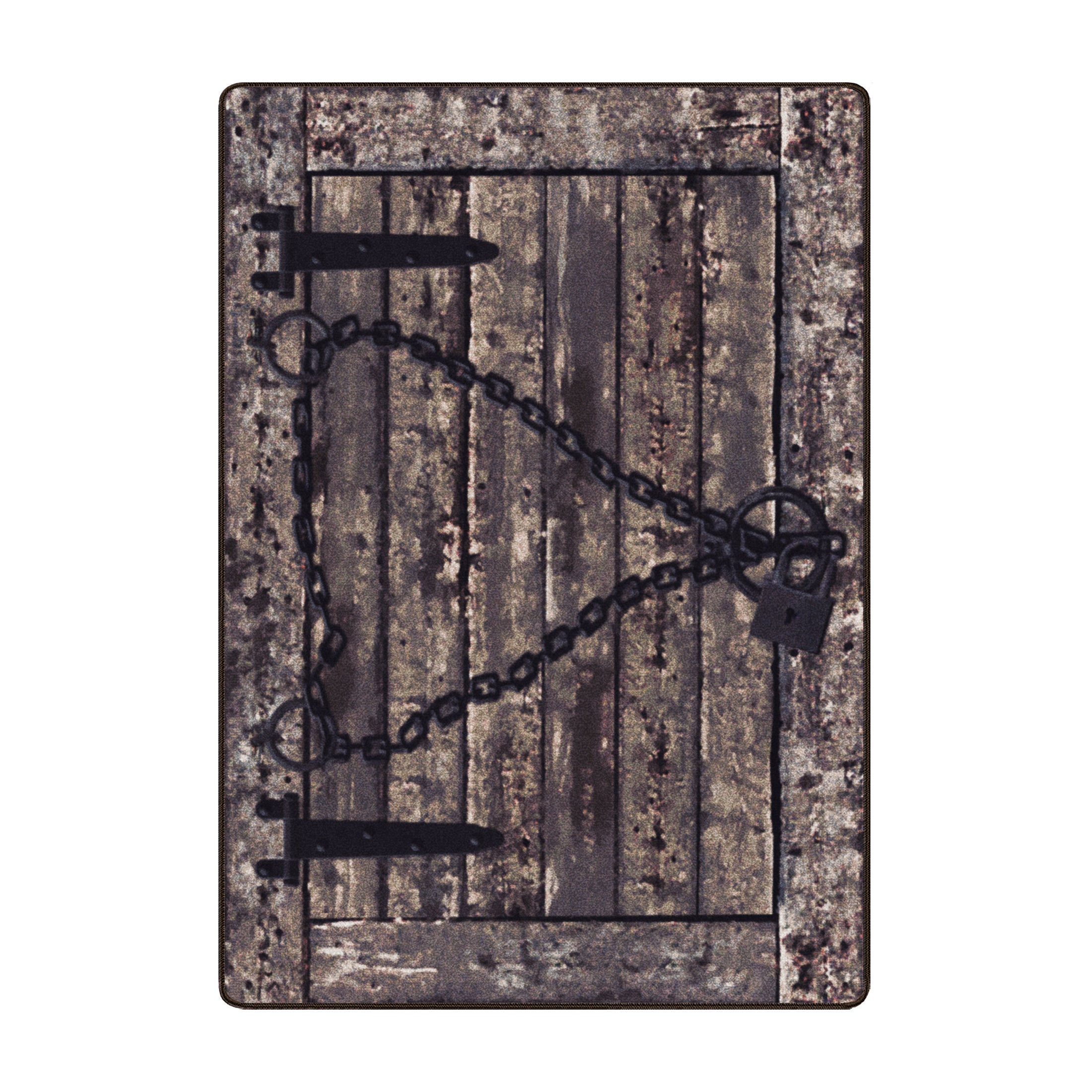 5x8 area rug designed to look like a weathered wooden door with black chains and a padlock, resembling a dungeon or trapdoor