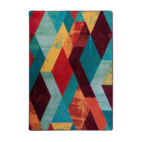 5x8 area rug with a bold distressed diamond pattern in ruby red, emerald, teal, gold, and burgundy, inspired by bardic flair and carnival chaos