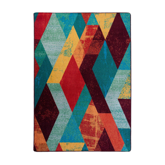 5x8 area rug with a bold distressed diamond pattern in ruby red, emerald, teal, gold, and burgundy, inspired by bardic flair and carnival chaos