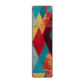2x8 runner version of The Jester’s Tune rug with a repeating bold diamond pattern in jewel tones and a distressed finish, ideal for narrow or high-energy spaces

